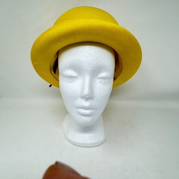 Vintage Miss Alice Bowler Hat Yellow Silk with Flower Embellishment - Picture 2 of 10